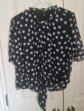 TAMARA H Black WHITE Polka Dot short sleeve blouse lightweight ruffle resort XL